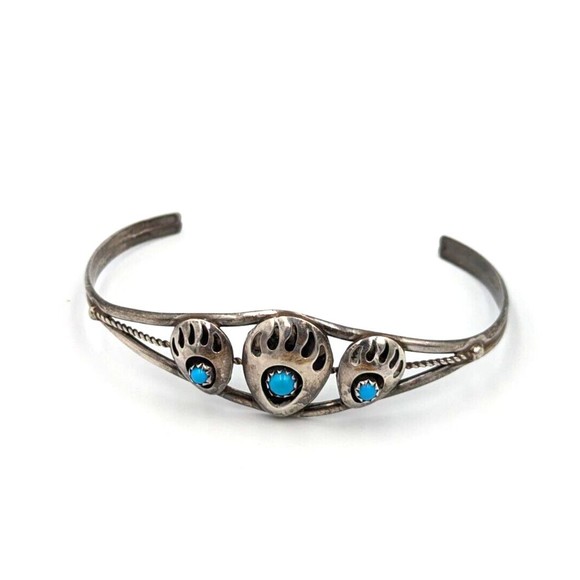 Vintage Navajo Native American Sterling Silver Turquoise Bear Claw Cuff Bracelet - Picture 2 of 14